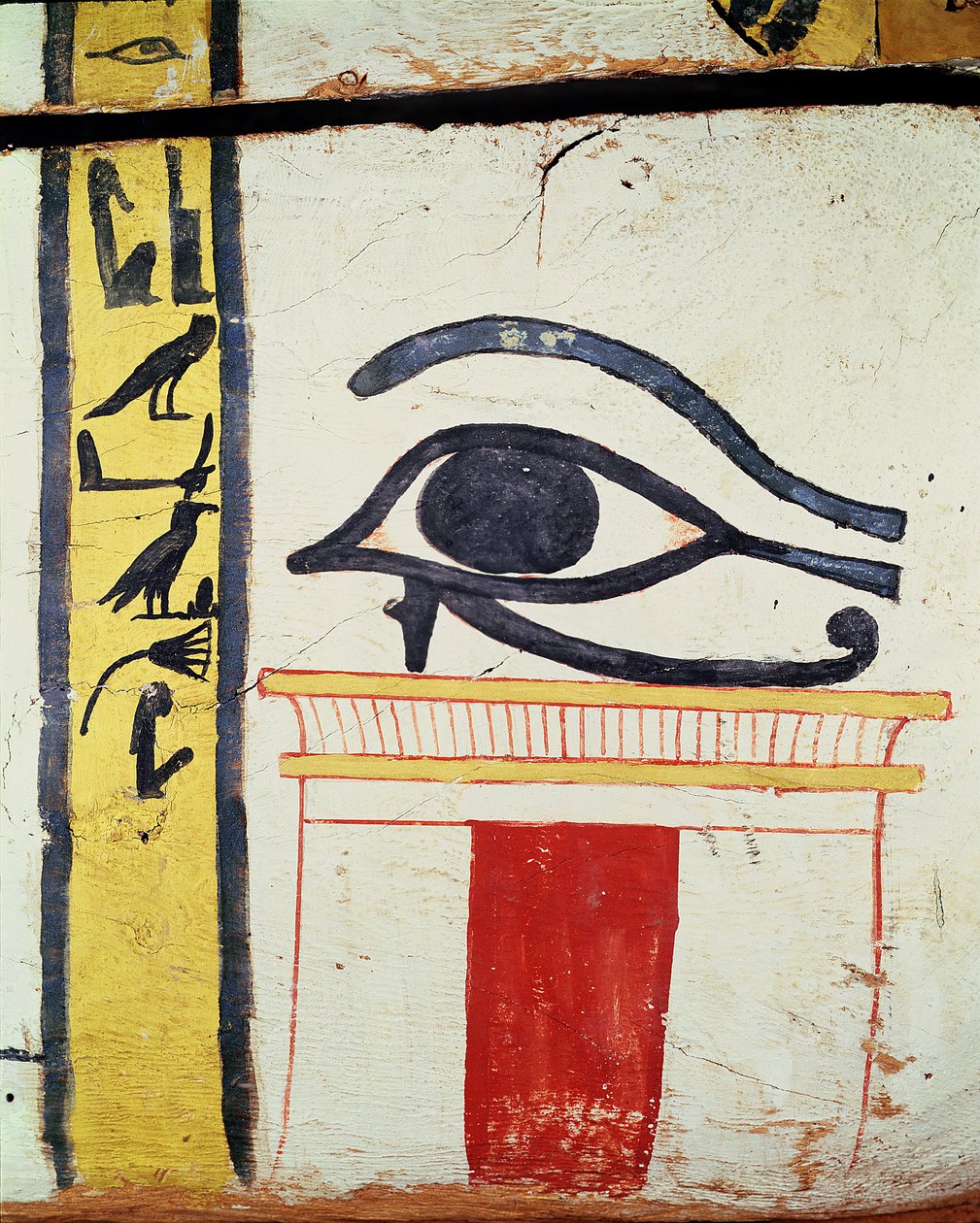 Wedjat Eye, detalje fra sarkofagdækslet på Lady of Madja, New Kingdom, ca. 1450 f.Kr. (malet træ) af Egyptian 18th Dynasty