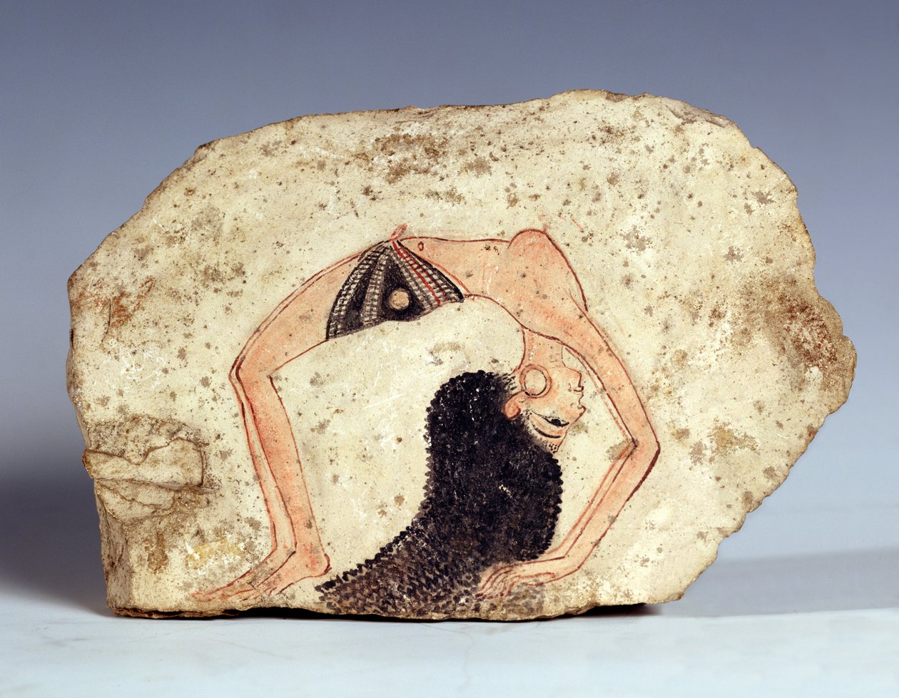 Fragment af et vægmaleri, der forestiller en akrobatisk danser, der underholder ved hoffet, New Kingdom, fra Deir-El Medina af Egyptian 19th Dynasty