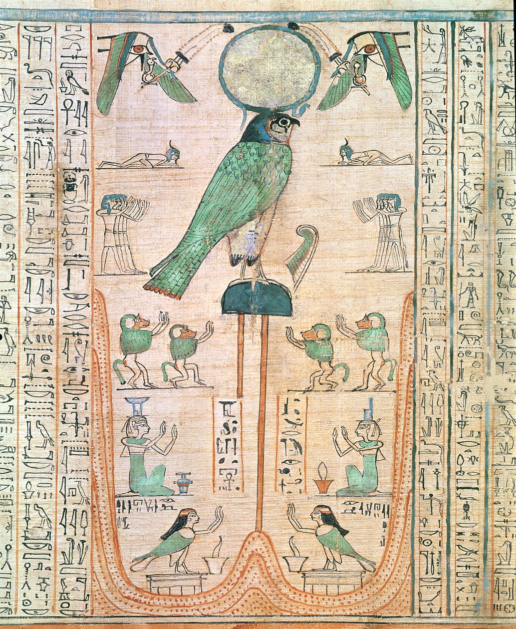 Tilbedelse af den opgående sol i form af Falcon Re-Horakhty, New Kingdom, ca. 1150 f.Kr. (papyrus) af Egyptian 20th Dynasty