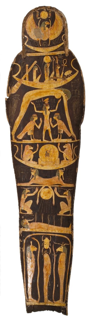 Mumi-låg, fra kiste for chefen for skriftkloge i Amun Re-templet, Nespawershefyt, tredje mellemperiode, ca. 1000 f.Kr. malet træ af Egyptian 21st Dynasty