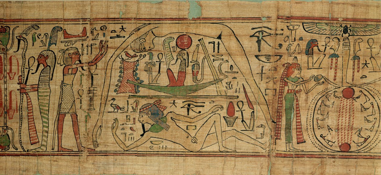 Detalje fra Nespakashutys papyrus, der viser guden Geb (jord) adskilt fra sin kone, gudinden Nut (himmel) Tredje mellemperiode (papyrus) af Egyptian 21st Dynasty