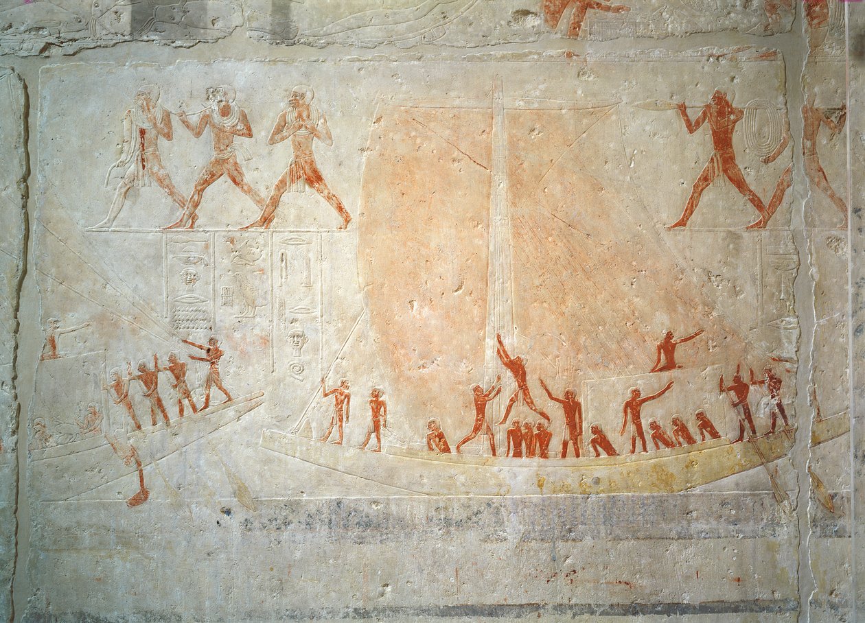 Relief fra Mastaba of Akhethotep, der viser sejlsport, fra Saqqara, Old Kingdom (malet kalksten) af Egyptian 5th Dynasty