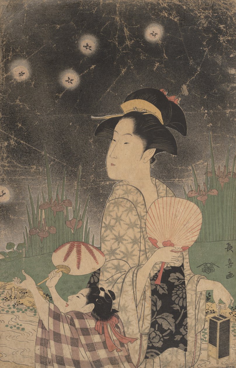 Kvinde og barn, der fanger ildfluer, ca. 1793. af Eishōsai Chōki