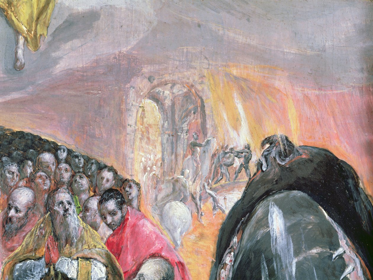 Tilbedelsen af Jesu navn, ca. 1578 (olie og tempera på træ) (detaljer fra 99408) af El Greco