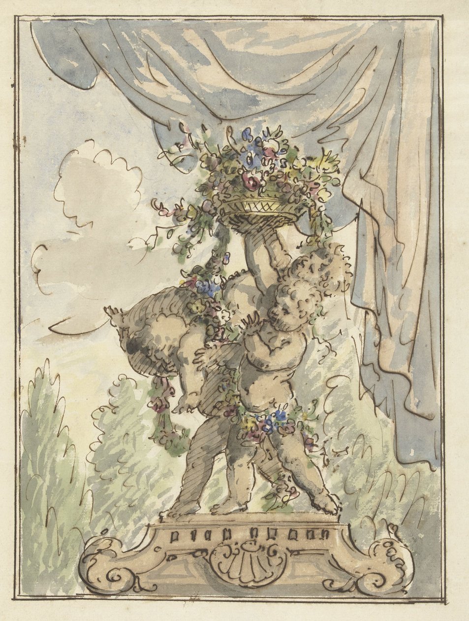 Tre putti med en blomsterkurv af Elias van Nijmegen