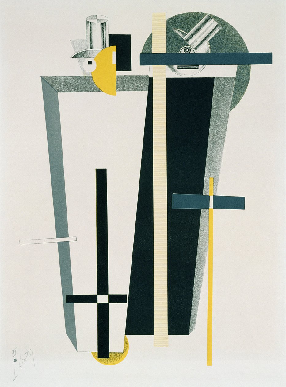 Abstrakt komposition i grå, gul og sort af Eliezer Markowich Lissitzky
