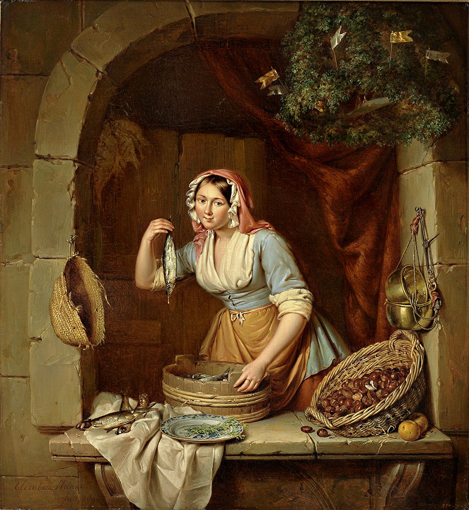 Ung smuk markedskvinde, der sælger sild og kastanjer af Elisabeth Alida Haanen