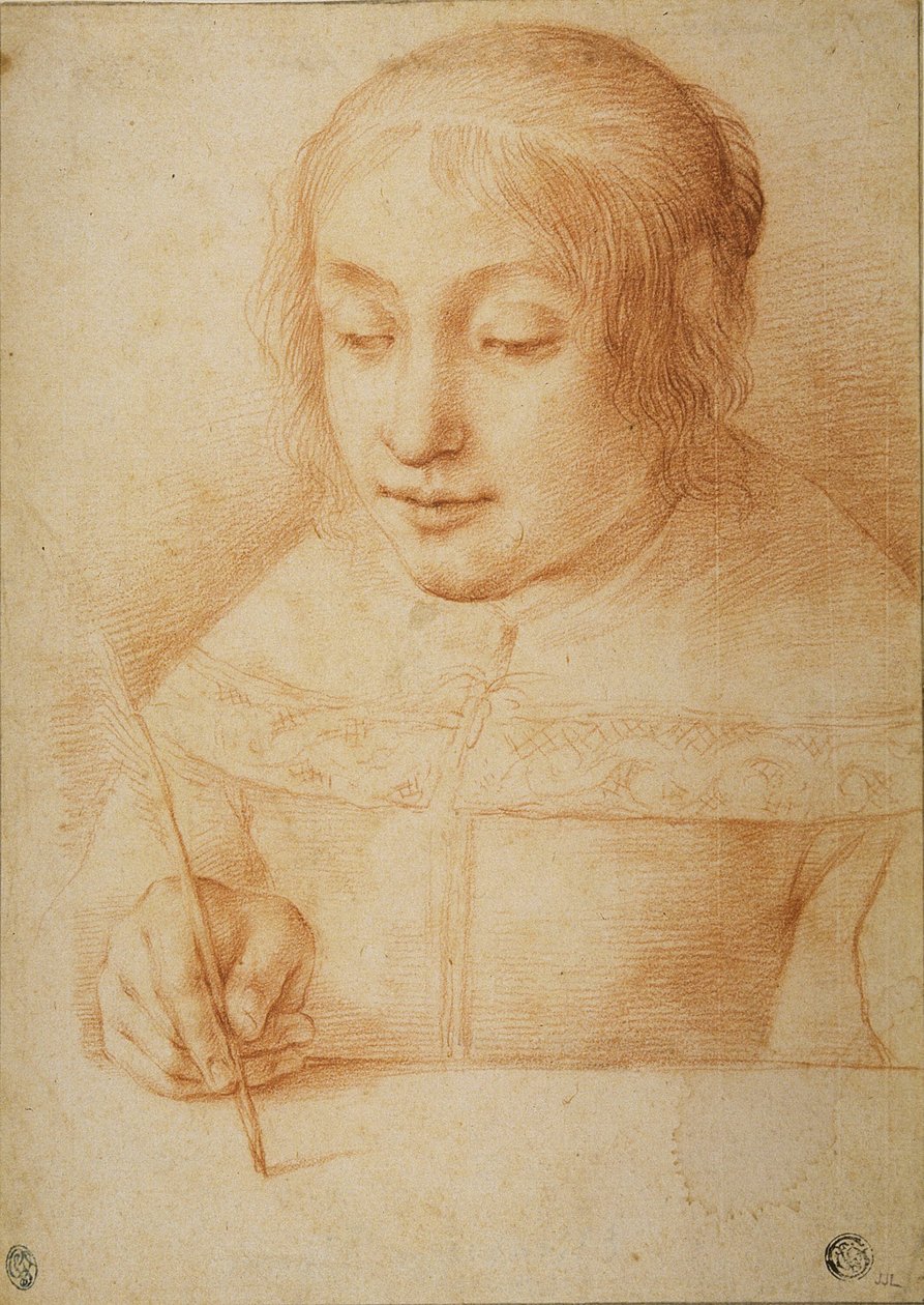 Ung kvinde, der skriver eller tegner af Elisabetta Sirani