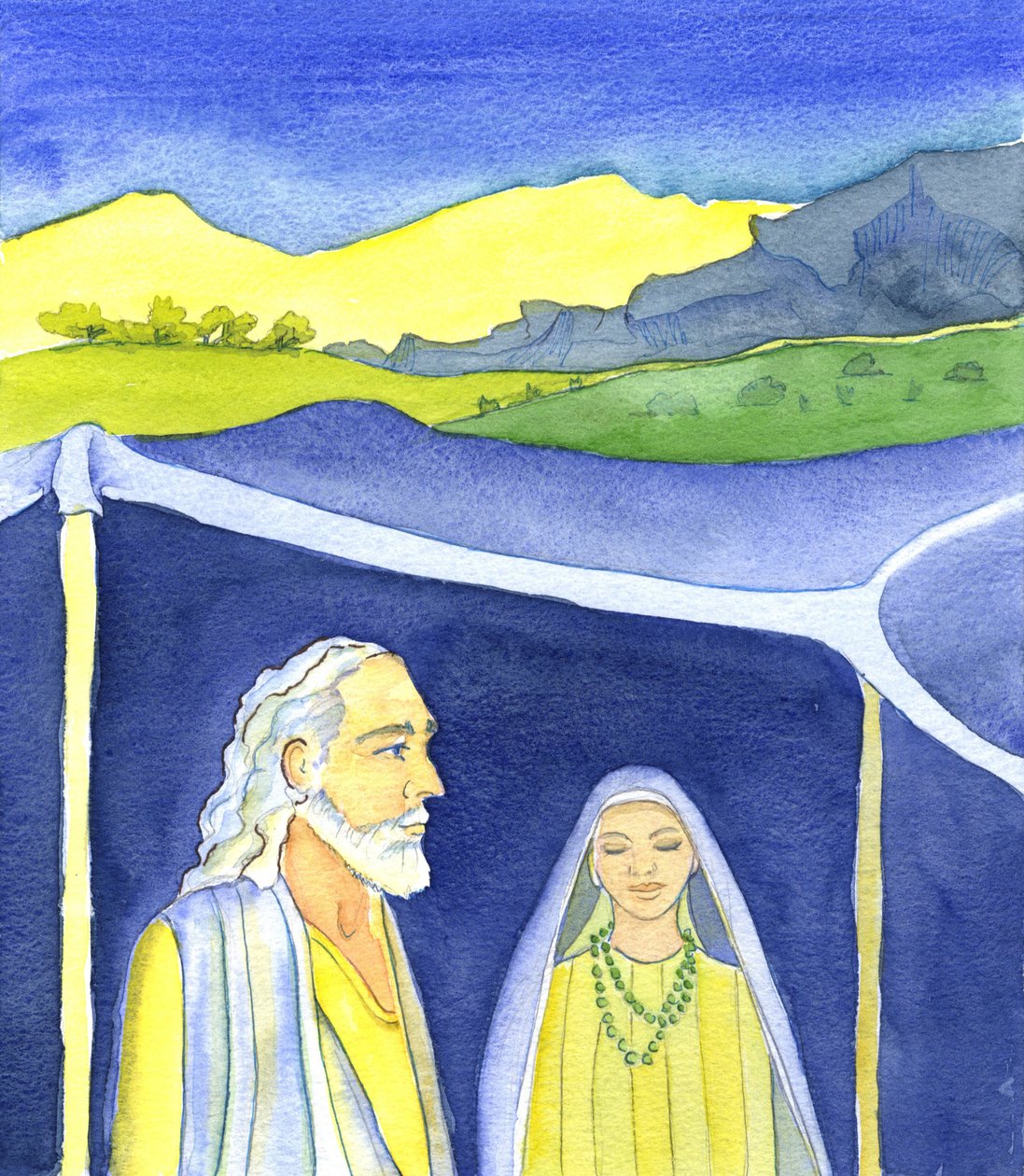 Abraham og Sarah, 2001 (w/c på papir) af Elizabeth Wang