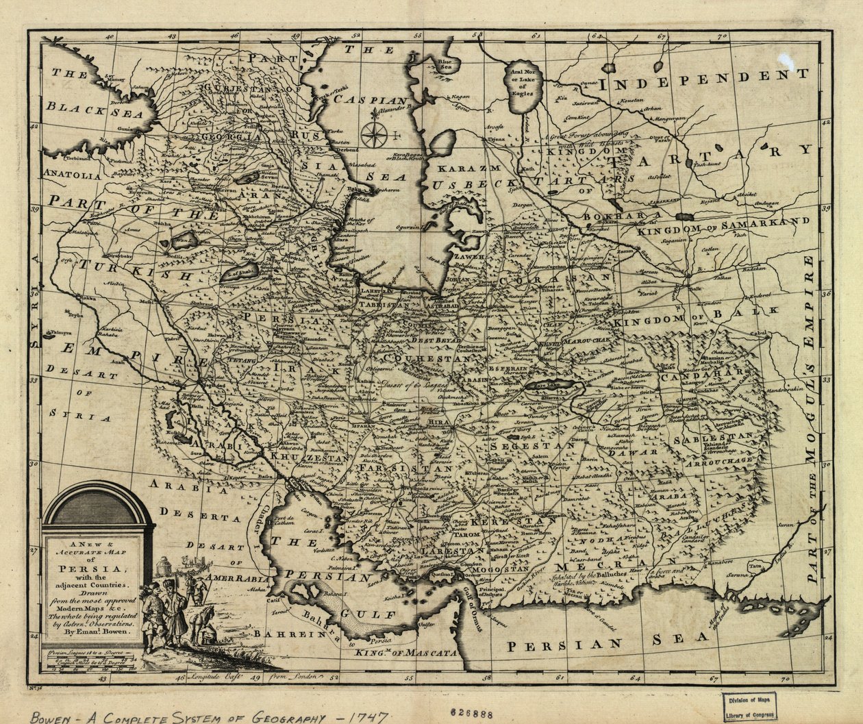 Kortet over det persiske imperium i 1747 på tidspunktet for Afsharid -dynastiet af Emanuel Bowen