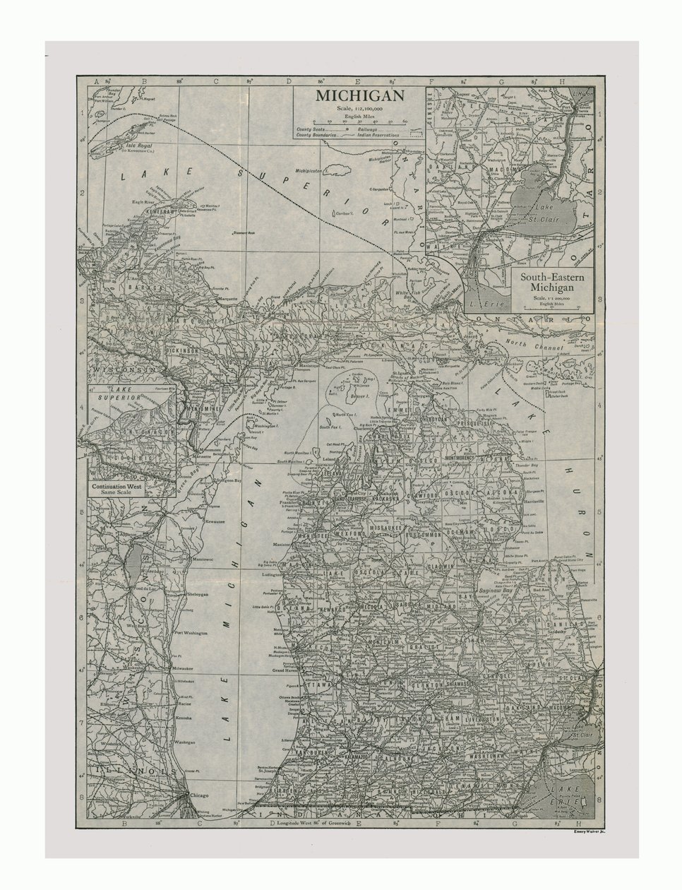 Kort over Michigan, USA, ca. 1900. af Emery Walker