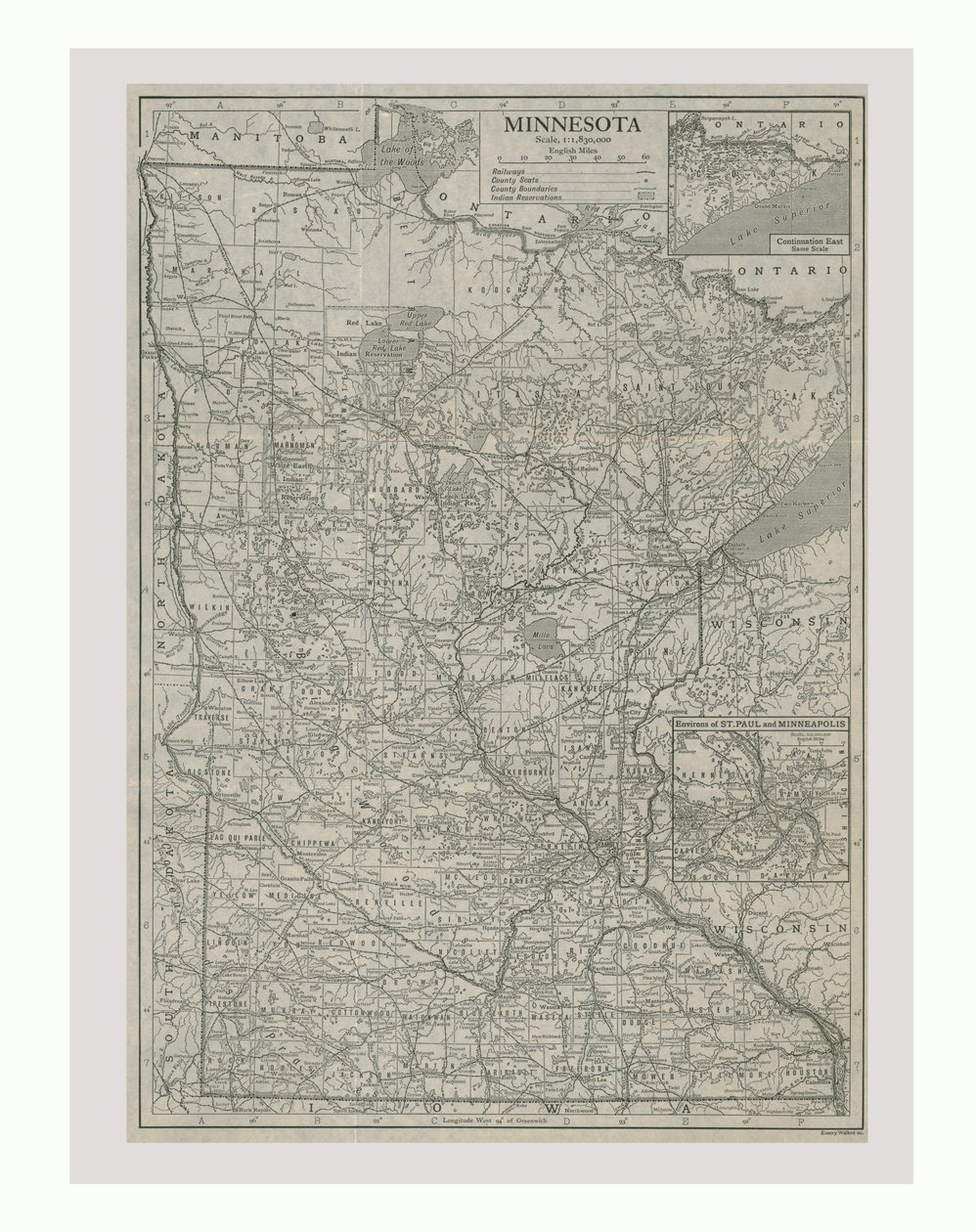 Kort over Minnesota, USA, omkring 1900-tallet. af Emery Walker