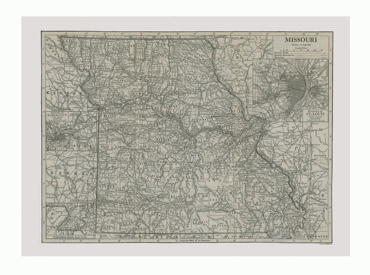 Kort over Missouri, USA, omkring 1900-tallet. af Emery Walker