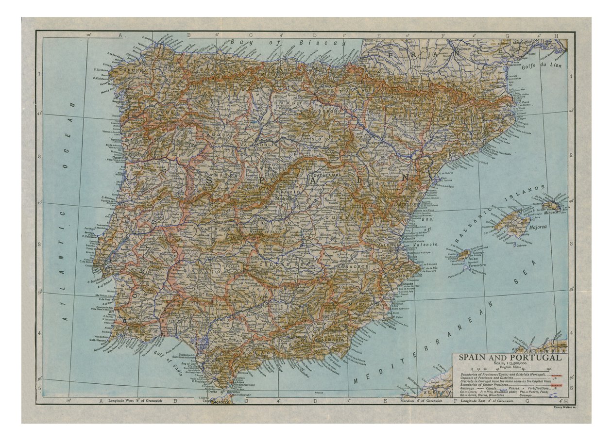 Kort over Spanien og Portugal, c1910. af Emery Walker