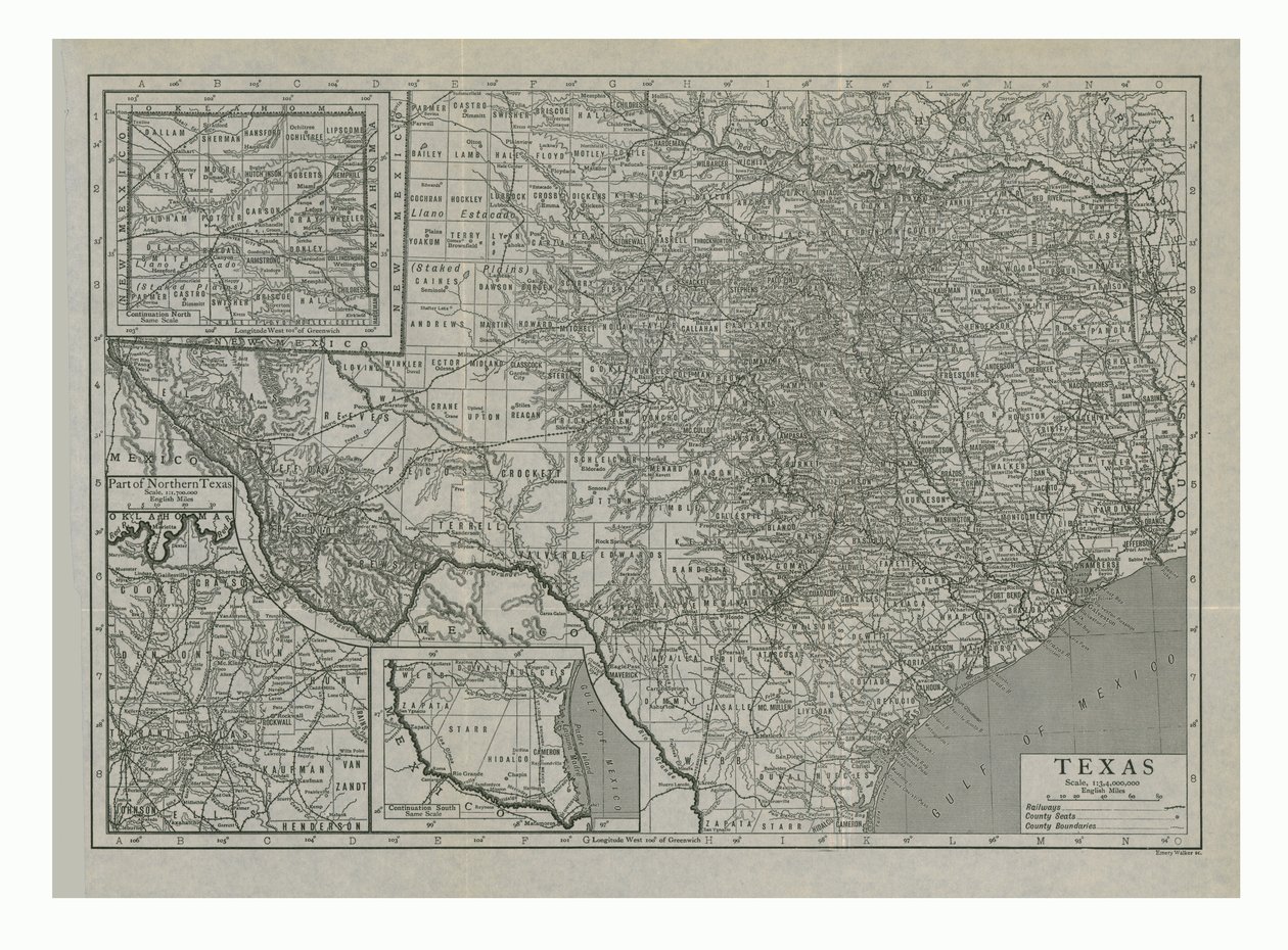 Kort over Texas, USA, c1910