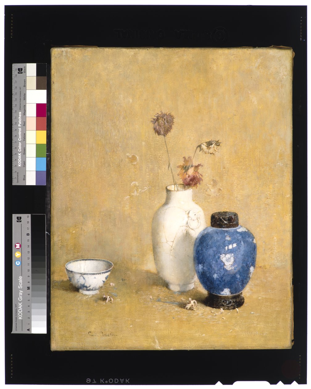 Blå, hvid og guld (olie på lærred lagt om bord) af Emil Carlsen