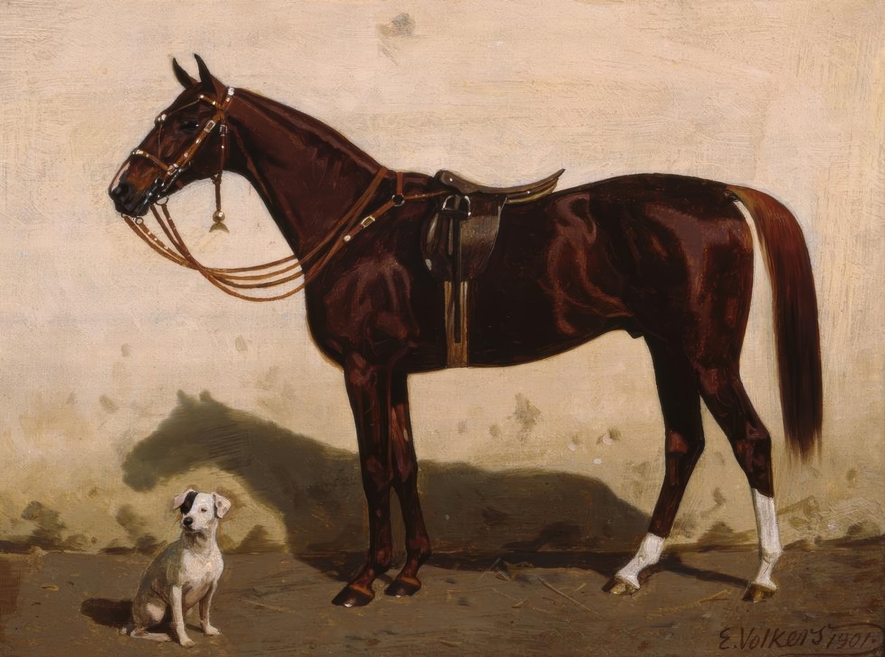 Sadlet ræv med hund af Emil Volkers