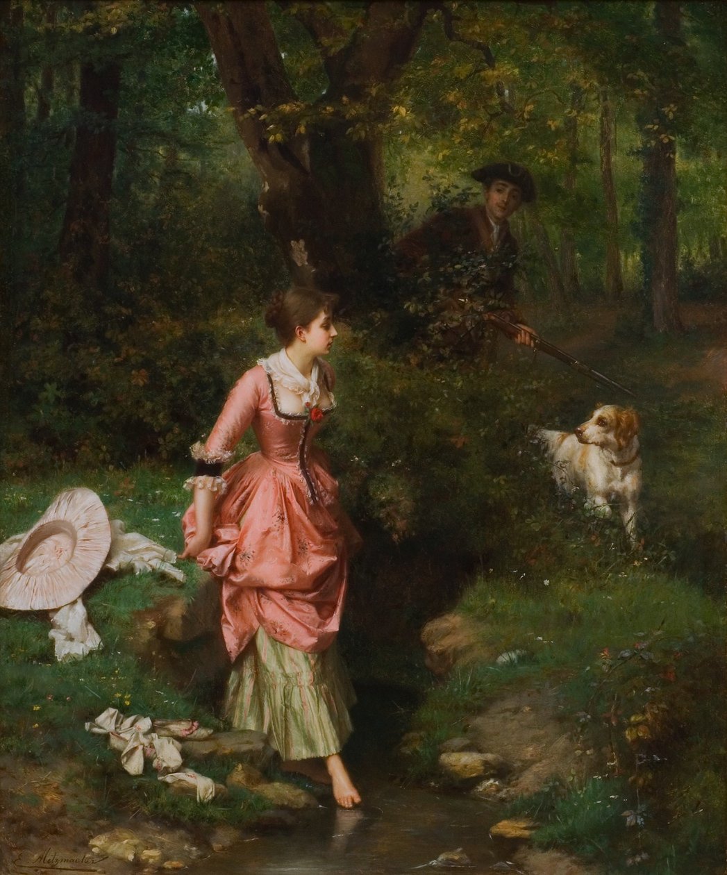 En ung dame, der krydser en Brookn af Emile Pierre Metzmacher
