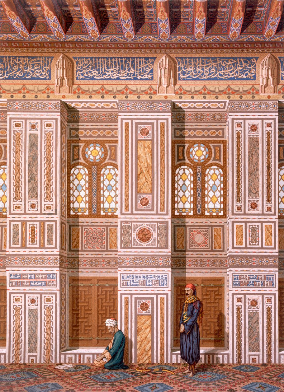 Kairo: Interiør af moskeen i Qaitbay; tilbedere beder ved sidevæggen af Mihrab c15., 19. århundrede (chromolitho) af Emile Prisse d