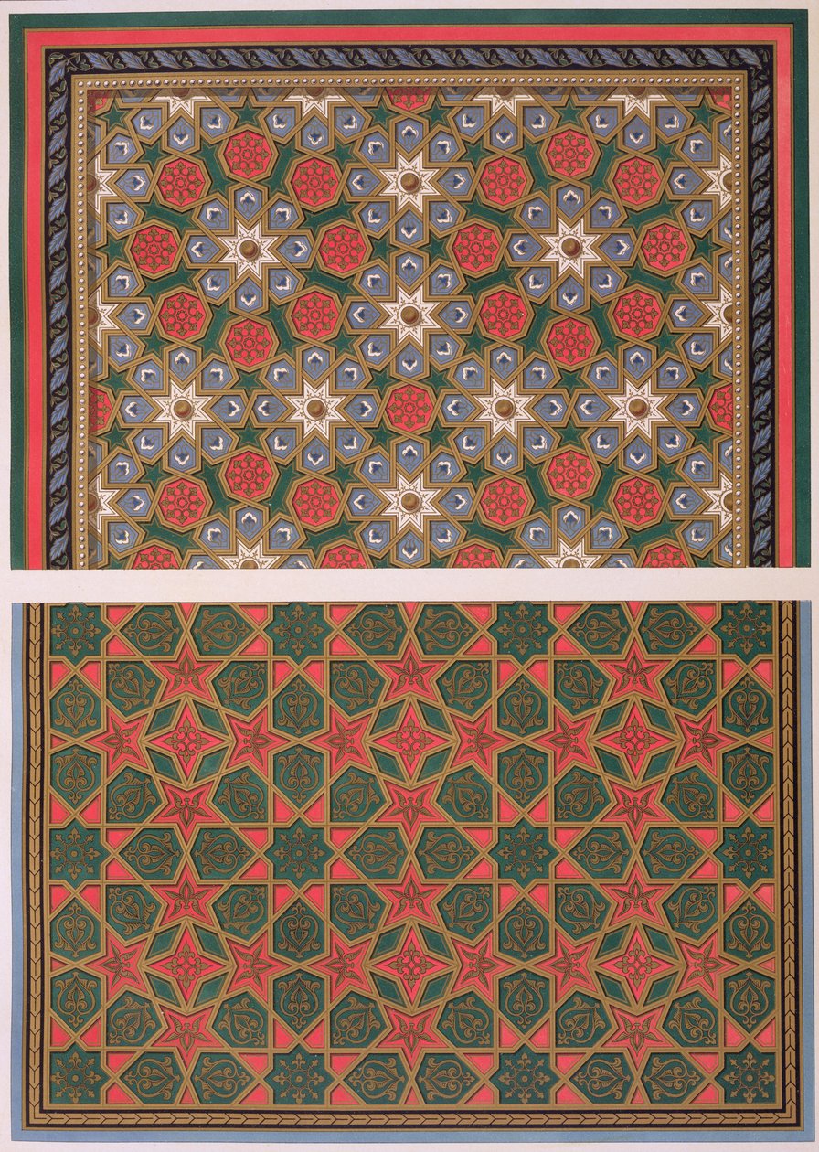 Eksempler på loftsdekorationer, fra "Arab Art as Seen through the Monuments of Cairo from the 7th Century to the end of the 18th Century", graveret af Daumont, udgivet i 1877. af Emile Prisse d