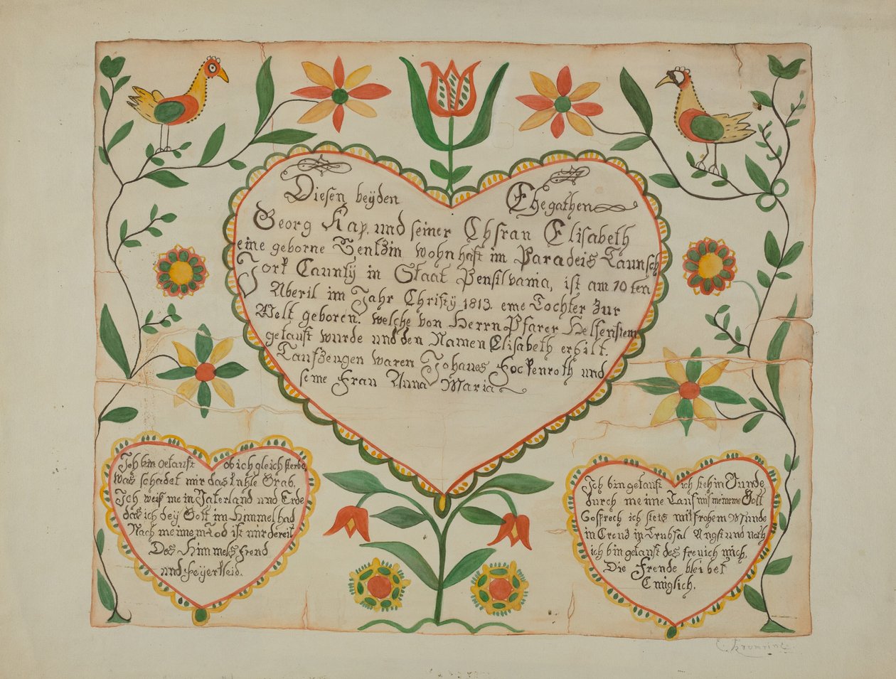Fraktur - Fødsels- og Dåbsattest af Emma M. Krumrine