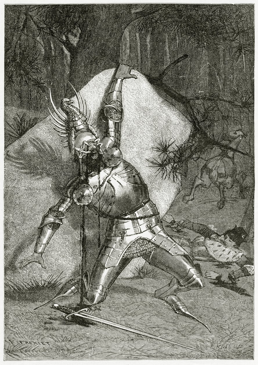 Tiphaine blindet af sin bronzeørn, 1800-tallet (bw-gravering) af Emmanuel Fremiet