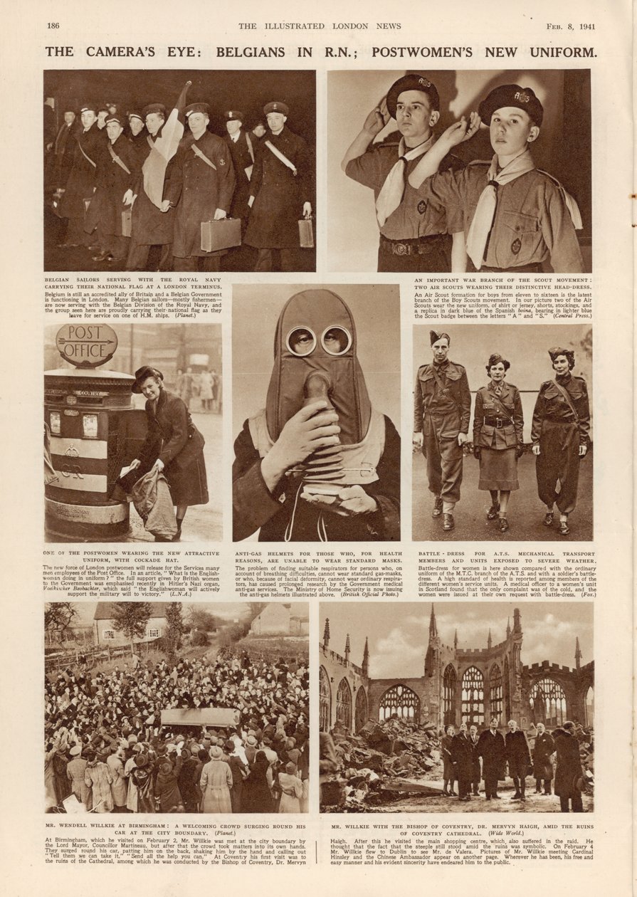 The Cameras Eye: Belgians in R.N.; Postwomens New Uniform, fra The Illustrated London News, 8. februar 1941 af English Photographer