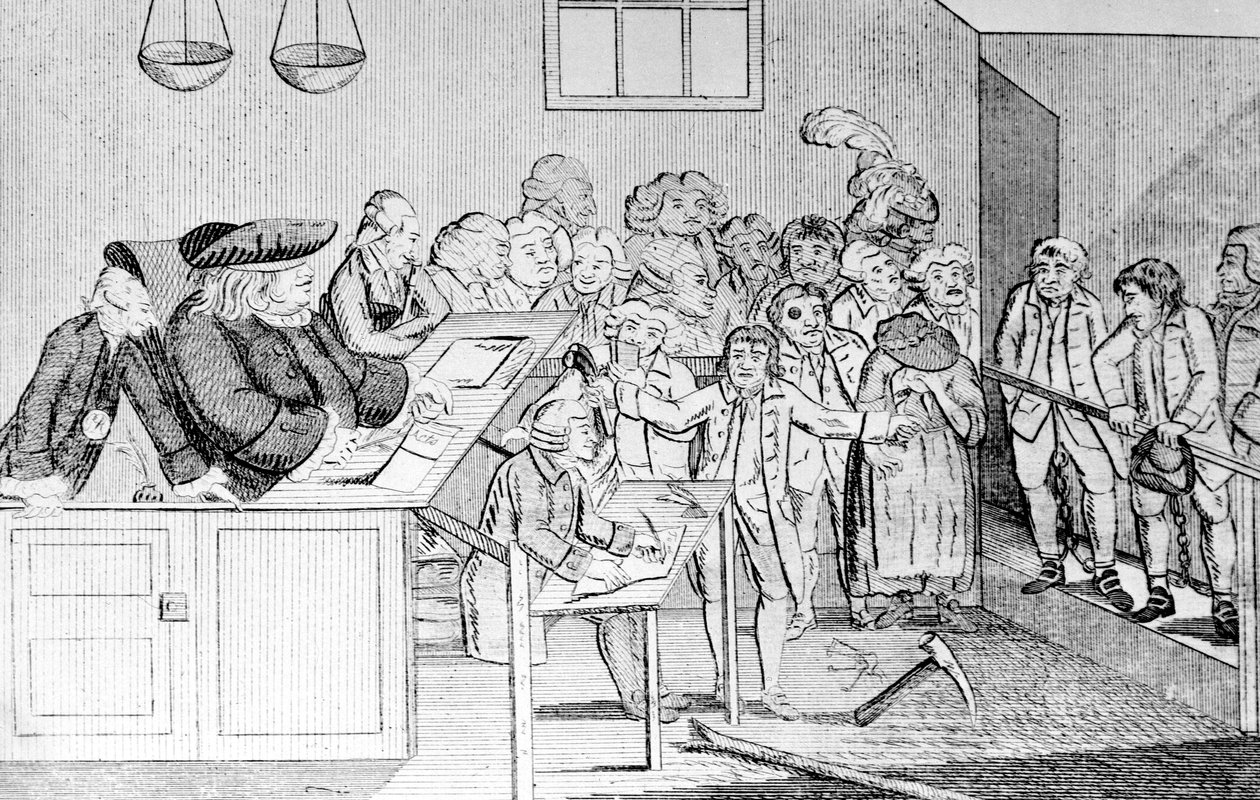 A Bond and Judgement, Sir John Fielding præsiderer over Bow Street Court, 1779 af English School
