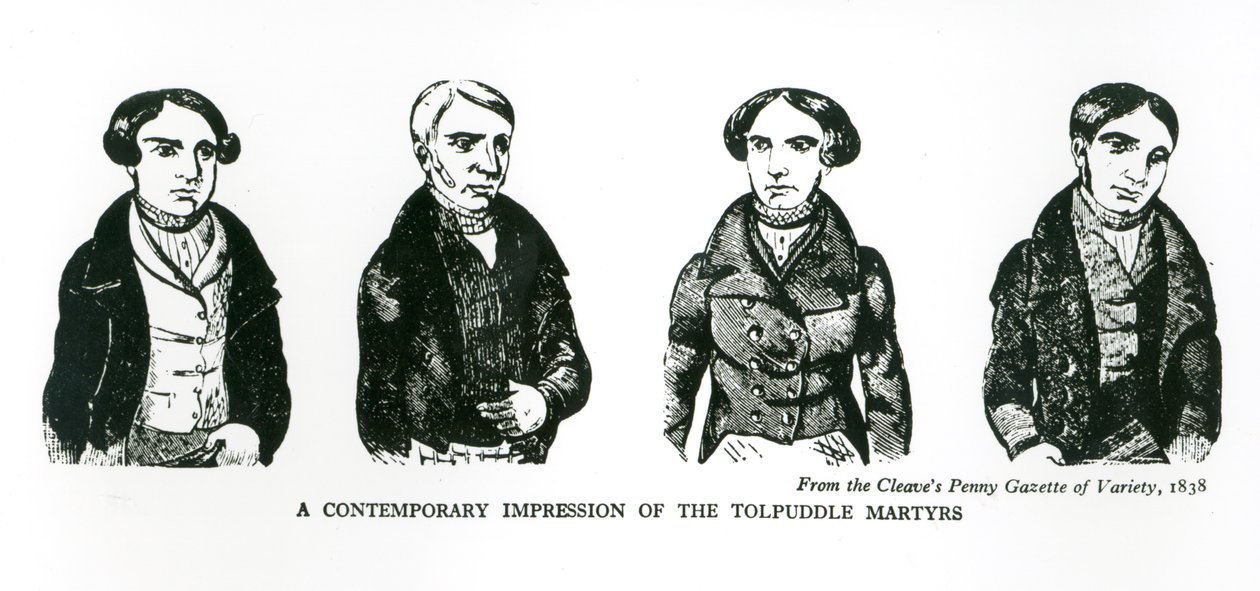 A Contemporary Impression of the Tolpuddle Martyrs, fra Cleaves Penny Gazette of Variety, 1838 af English School