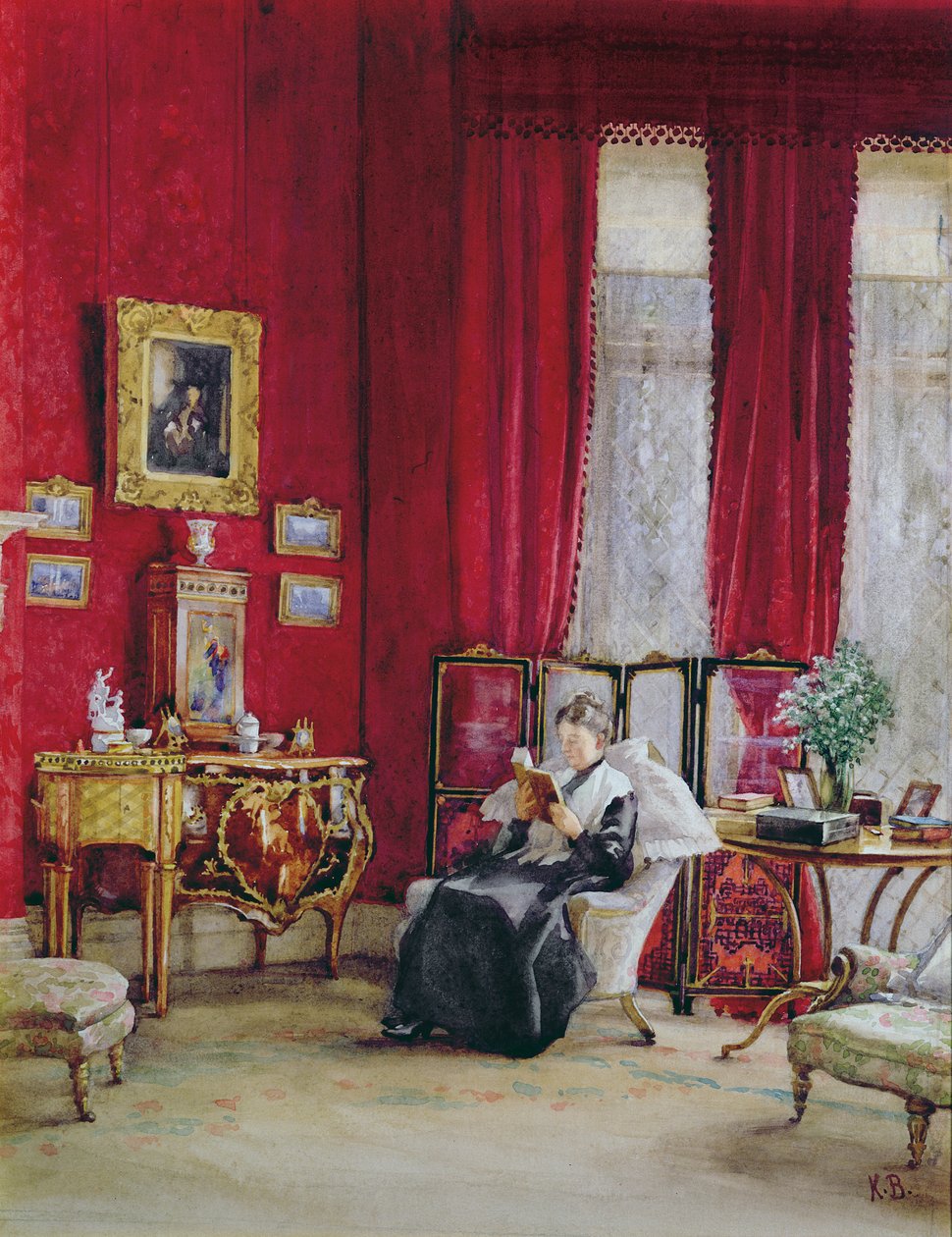 Et victoriansk interiør med en dame, der læser af English School