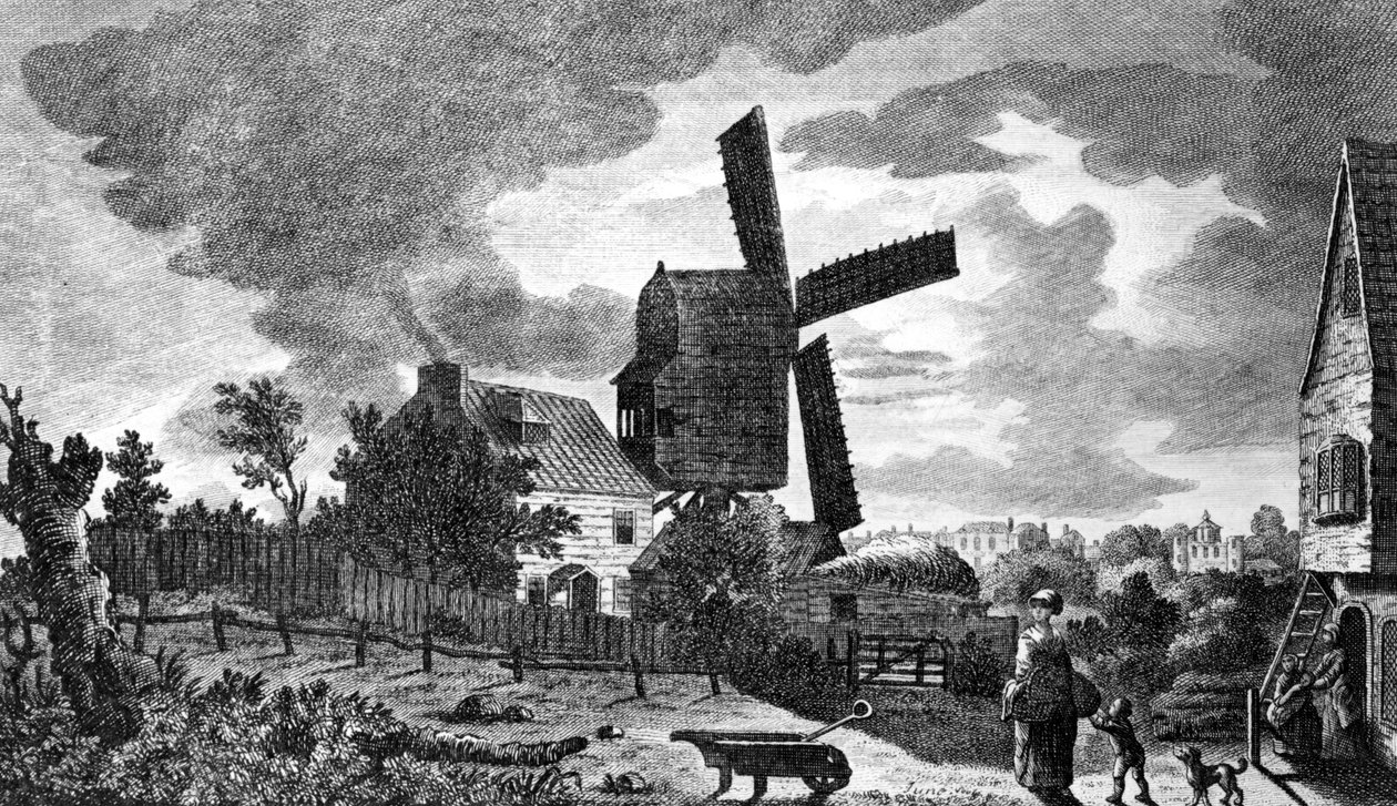 En udsigt over en mølle nær Blackheath i Kent, ved måneskin, 1770 af English School