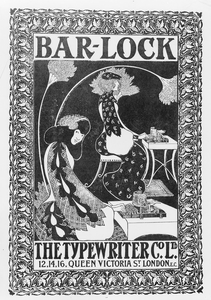 Annonce for Bar-Lock skrivemaskiner, ca. 1895 af English School