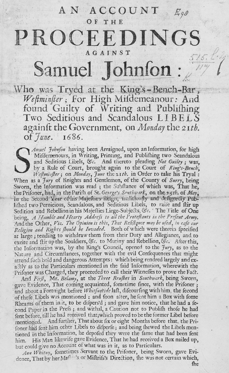 En beretning om sagen mod Samuel Johnson, 1686 (tryk) af English School