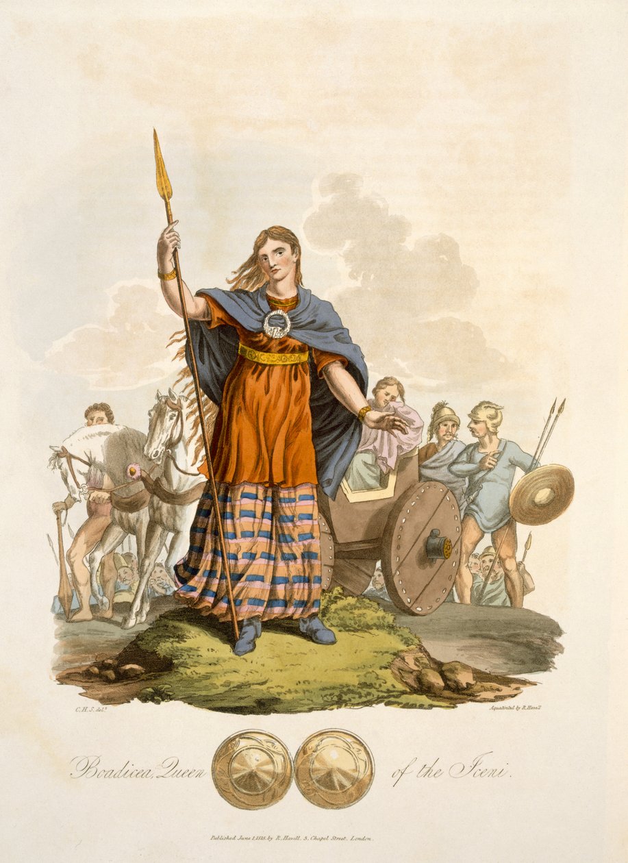 Boadicea, dronning af Iceni, eng. af Richard Havell den Ældre, pub. 1815 (håndfarvet gravering) af English School