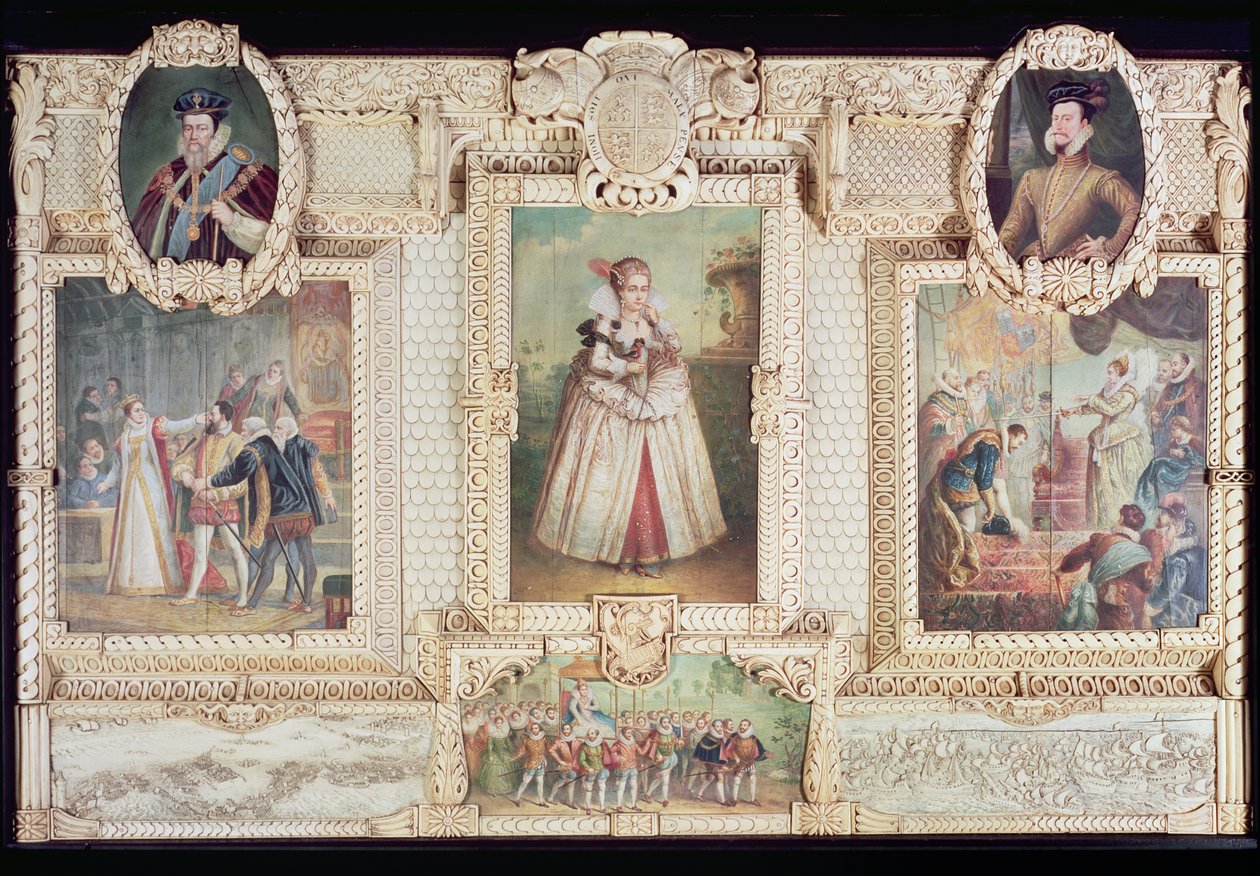 Samling af seks miniaturer af dronning Elizabeth I, figurer og scener fra hendes liv af English School