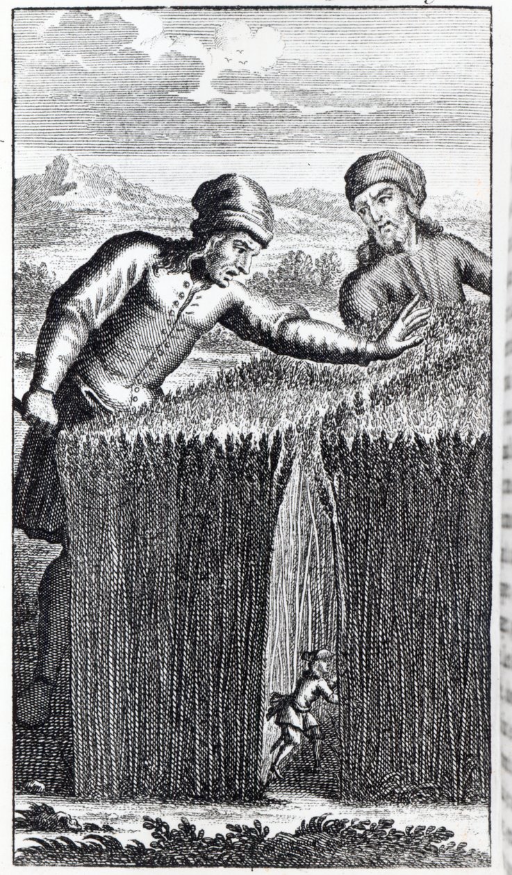 Gulliver bliver opdaget af en landmand i Brobdingnag, illustration fra 