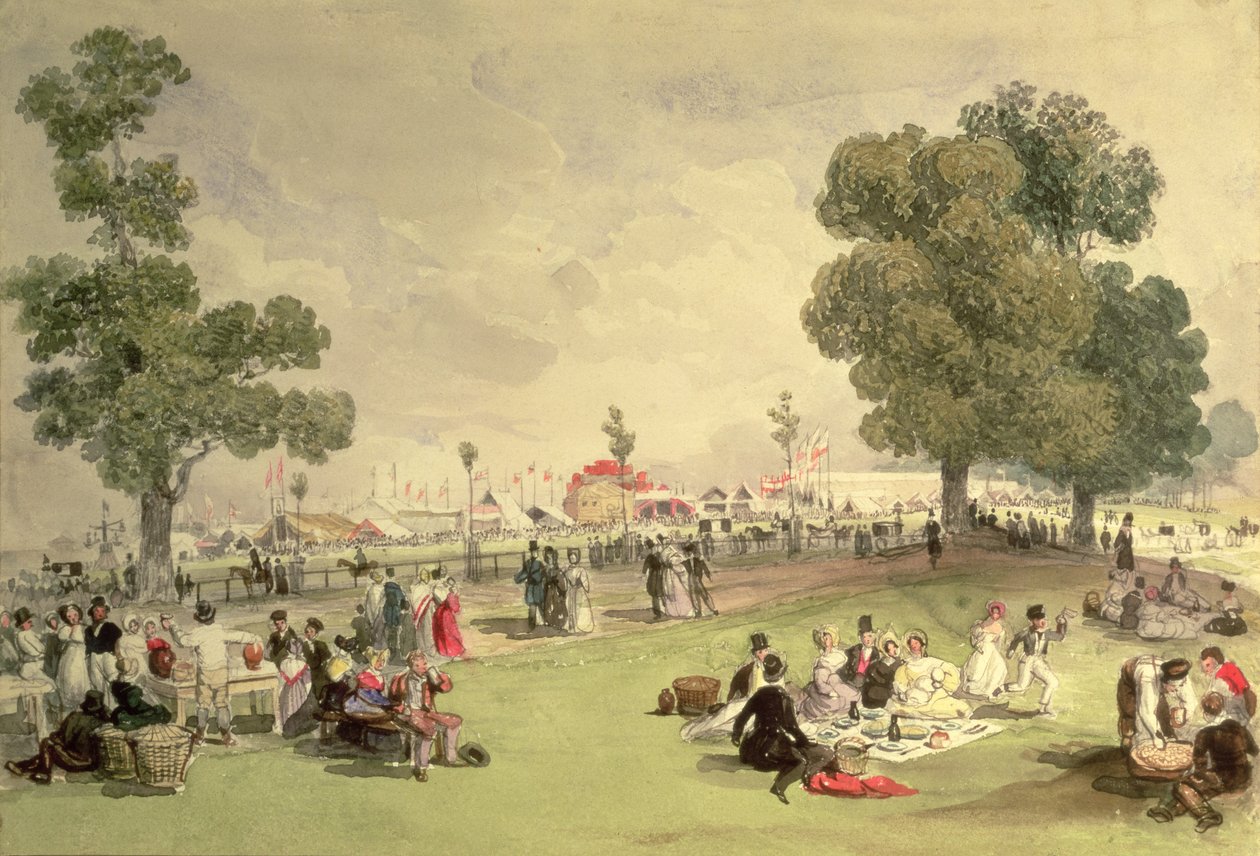 Hyde Park, udsigt til Coronation Fair, 28. juni 1838 (wc på papir) af English School