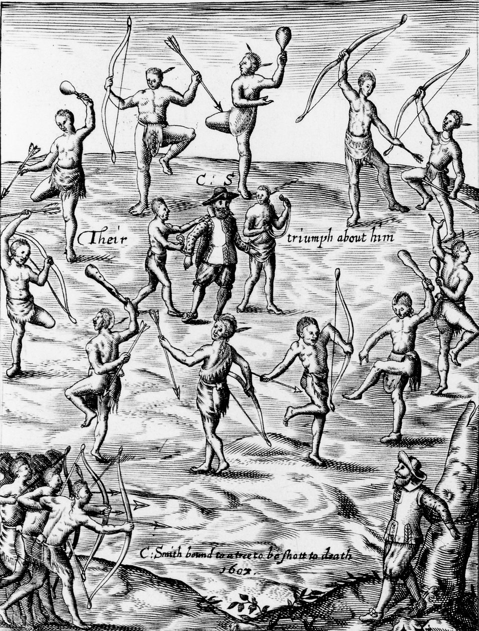 John Smith blev taget til fange og truet på livet af de indfødte amerikanere i Virginia i 1607, 1624 (detaljer fra 105033) af English School