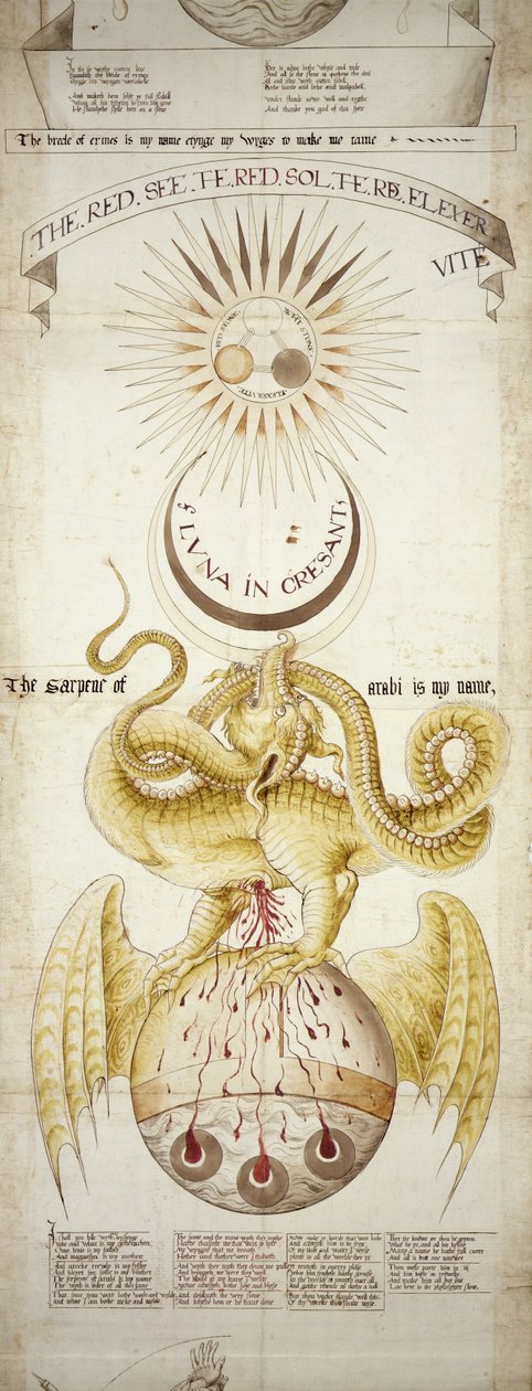 MS.276 Emblematisk diagram over de alkymistiske processer til fremstilling af Philosophers Stone, scene 4, fra Ripley Scrolls (blæk på papir monteret på linned) af English School