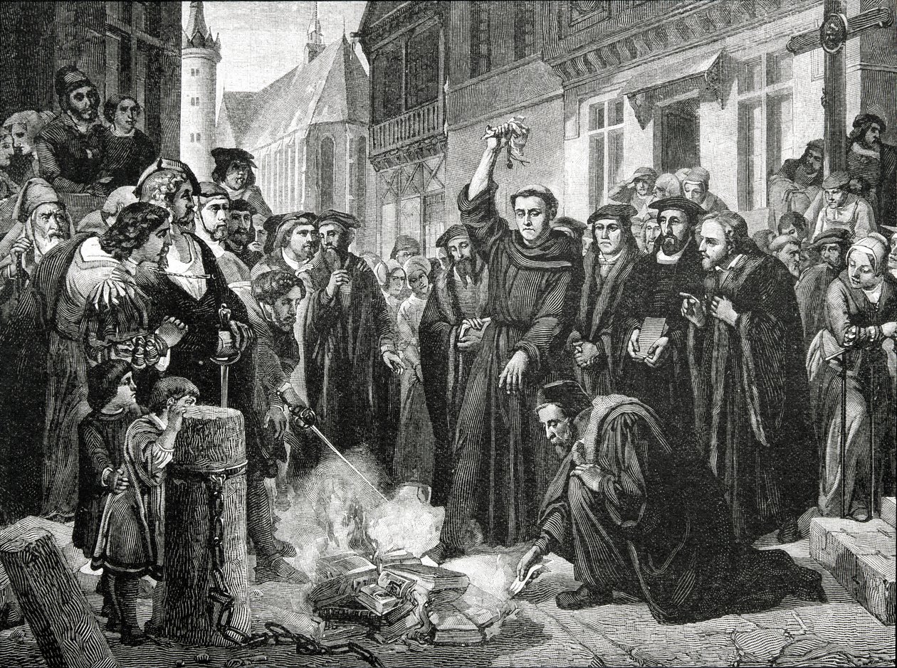 Martin Luther (1483-1546) Offentlig brænding af pavens tyr i 1521 af English School