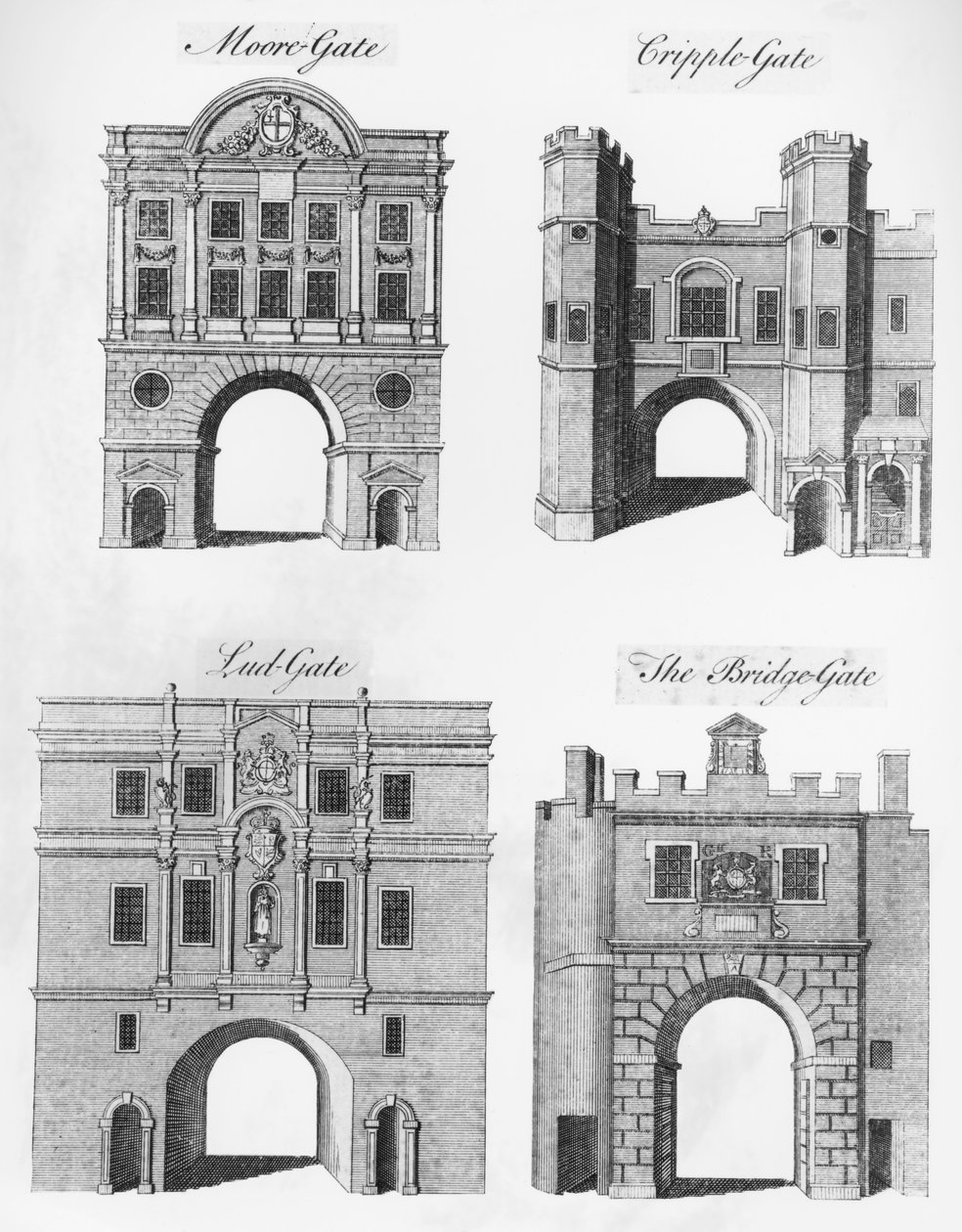 Moorgate, Cripplegate, Ludgate og The Bridgegate af English School