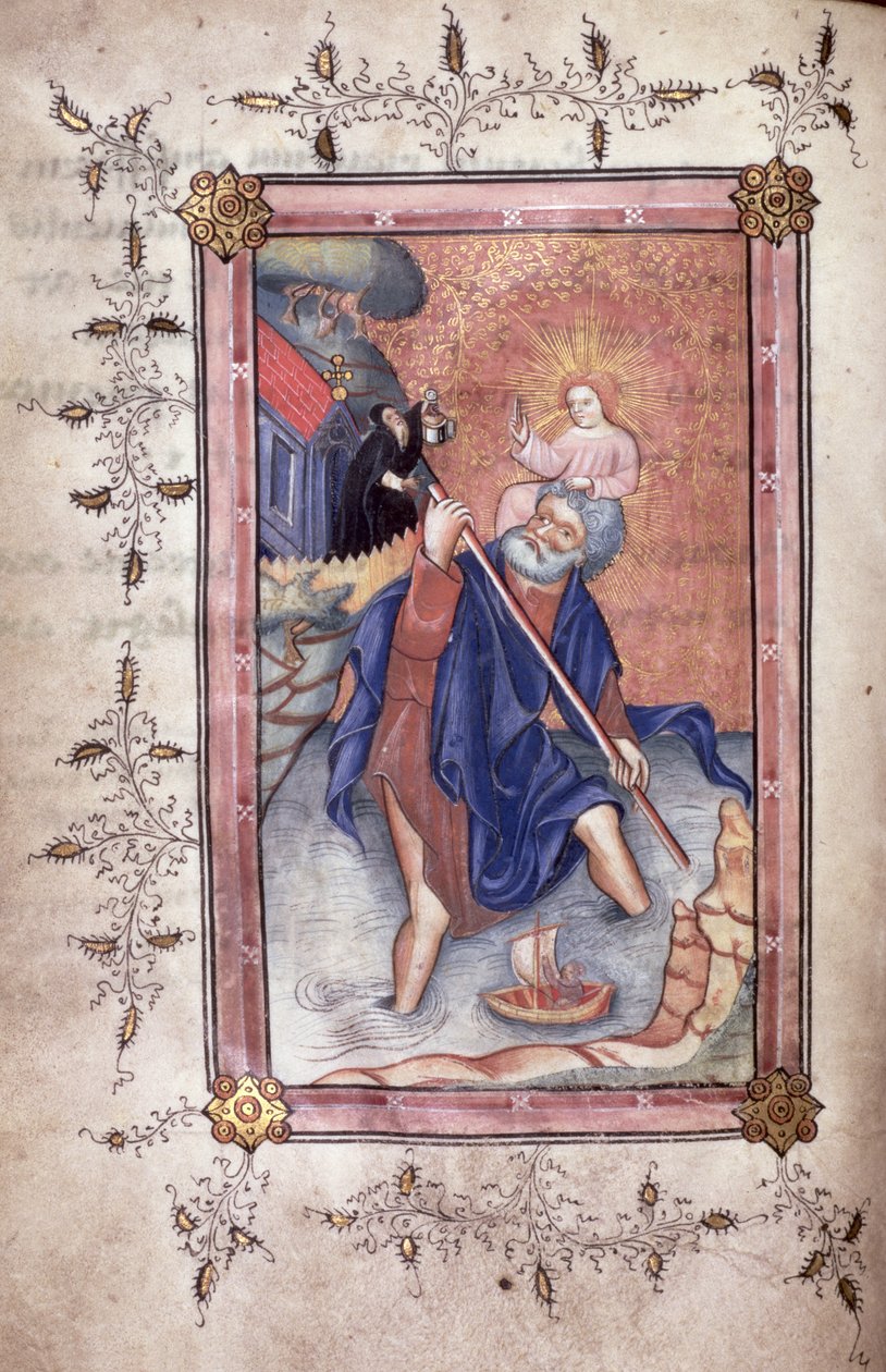 Ms 49 f.28v St. Christopher bærer Kristus over en flod (vellum af English School