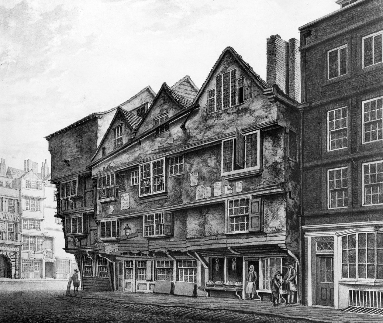 Gamle huse og butiksfacader på Chancery Lane, London, 1798 af English School