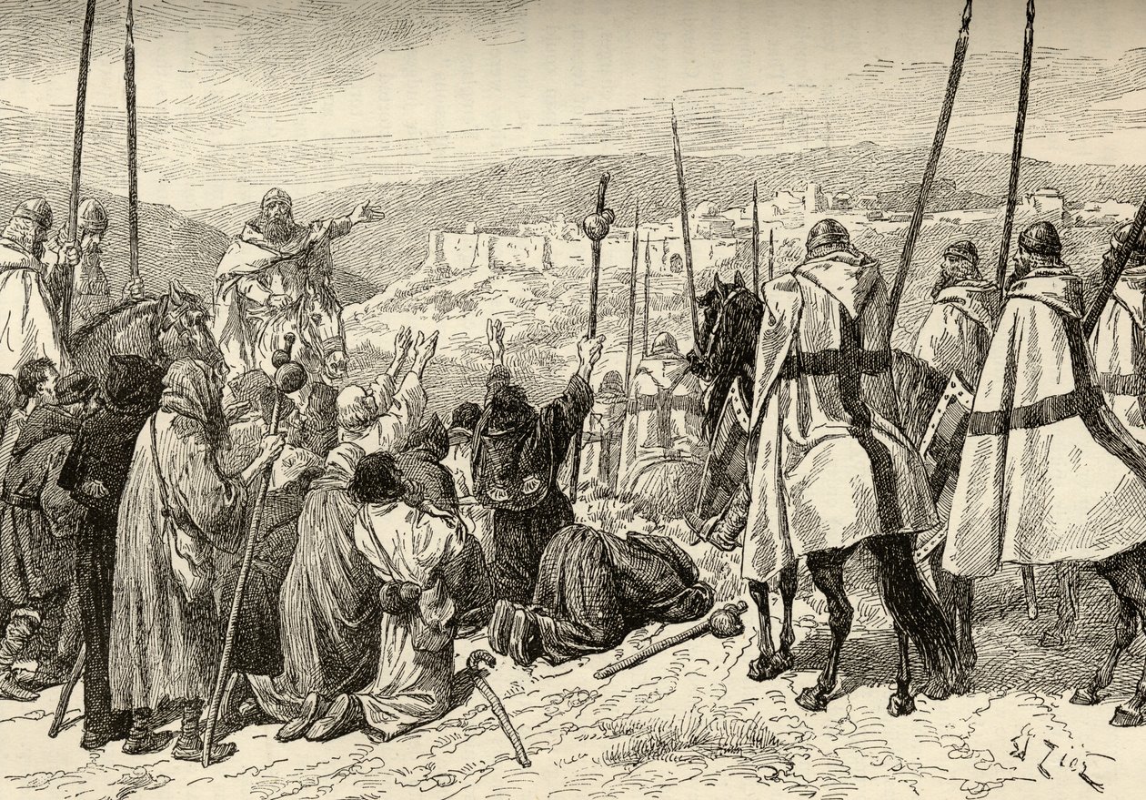 Pilgrimme under eskorte af tempelriddere foran Jerusalem i det 12. århundrede af English School