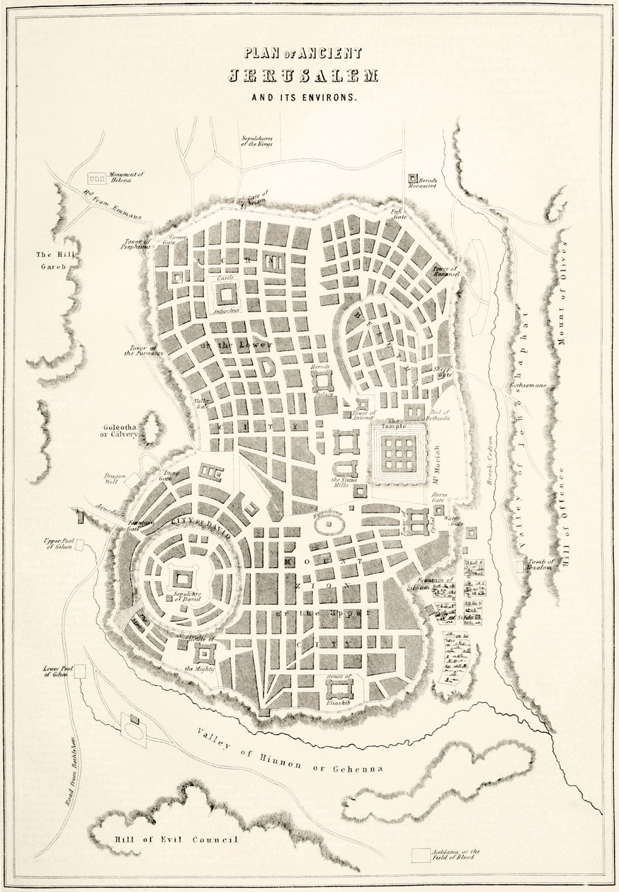 Plan over det gamle Jerusalem, som det formodedes at være på Jesu Kristi tid af English School