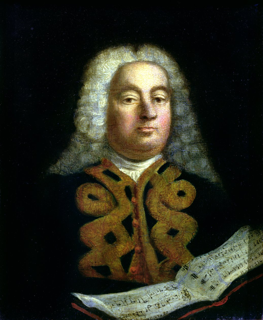 Portræt af George Frederick Handel (1685-1759) med en kopi af Messias, ca. 1749 af English School