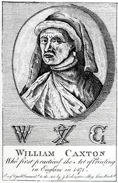 Portræt af William Caxton (ca. 1422-91) og hans Printers Mark af English School