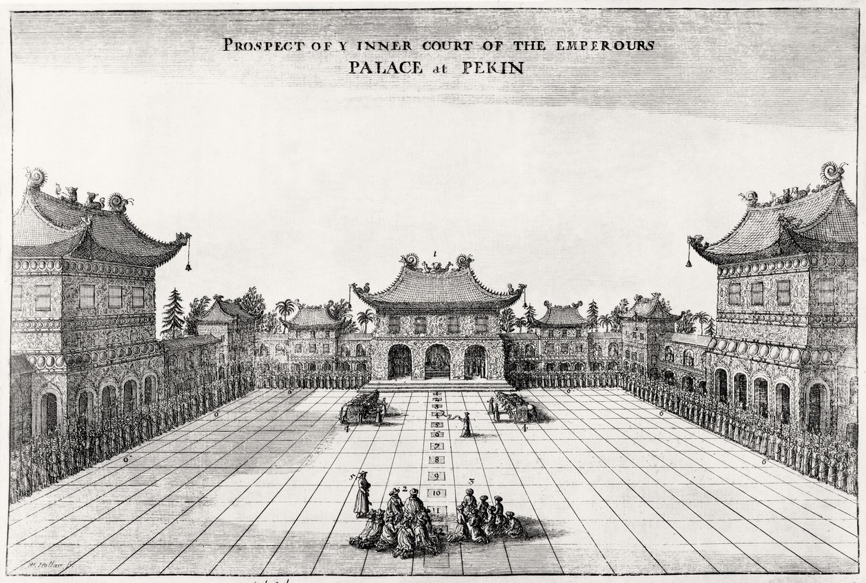 Udsigt til den indre gård i kejserens palads i Pekin, 1669 af English School