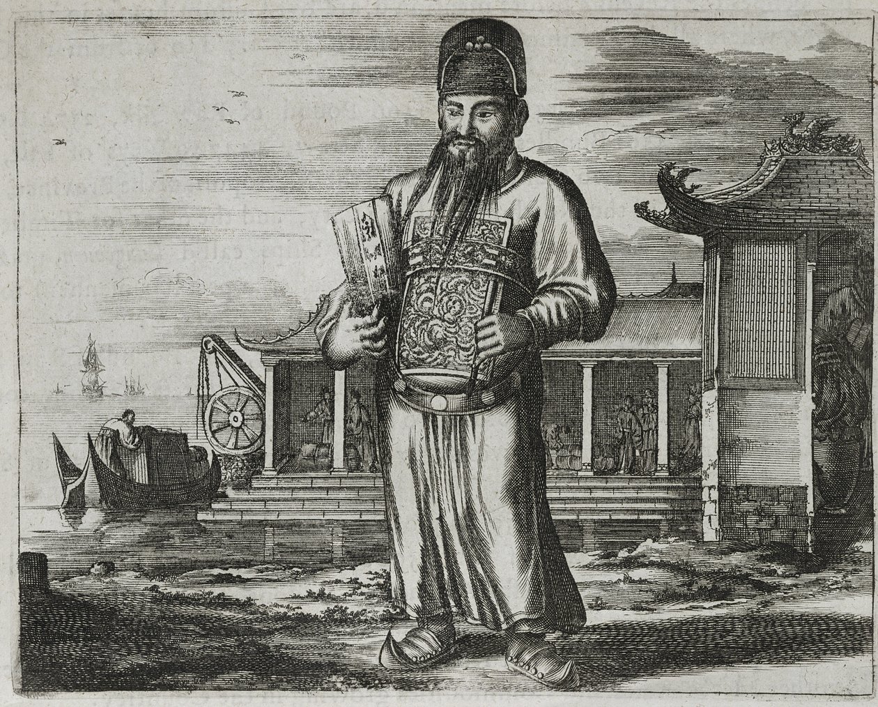 Senior embedsmand, der opkræver skatter, illustration fra en beskrivelse af ambassader til Kina, 1690 af English School