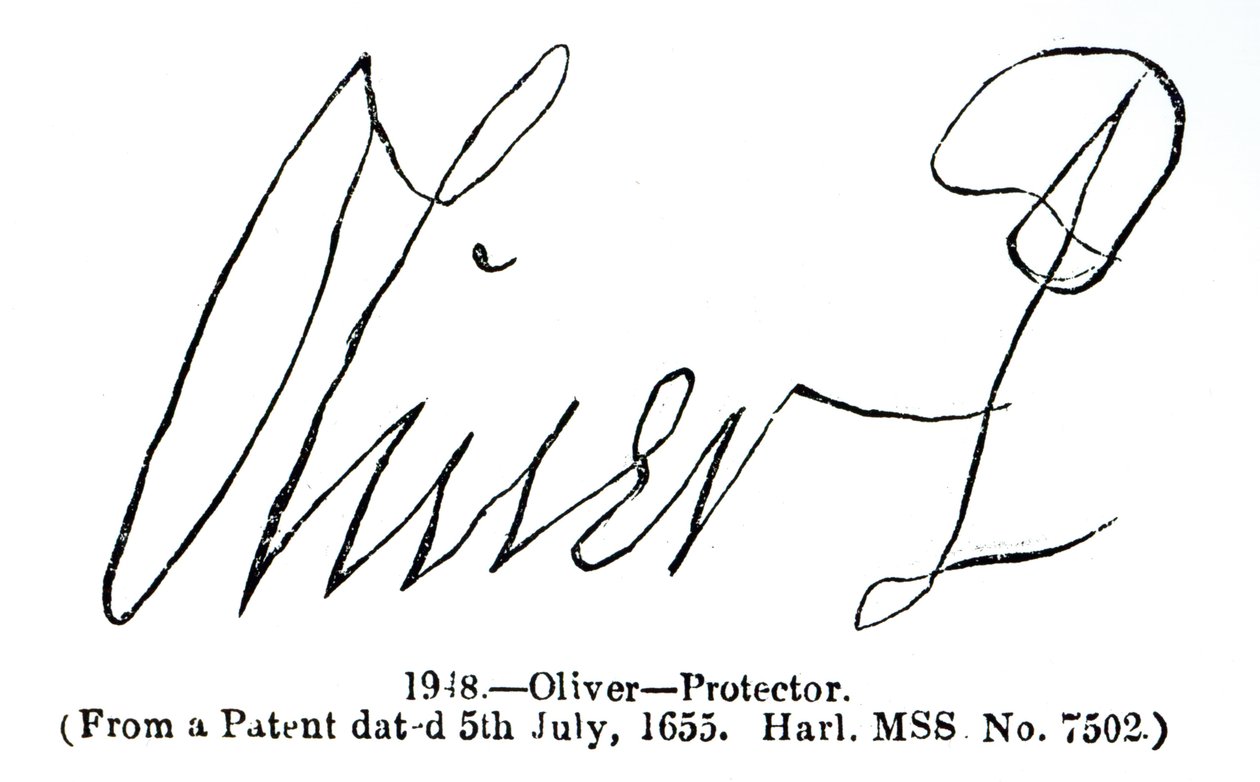 Signatur af Oliver Cromwell (1599-1658) Lord Protector, fra et patentmanuskript (Harl.MSS No.7502) dateret 5. juli 1655 af English School